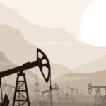 Illustration of pump jacks at oil wells.