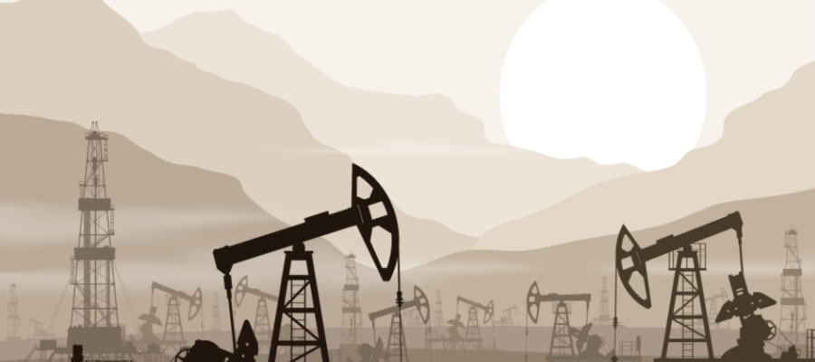 Illustration of pump jacks at oil wells.